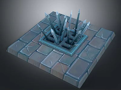 Medieval Fantasy Stone Trap With Rising Spikes On Cracked Square Platform 3d model