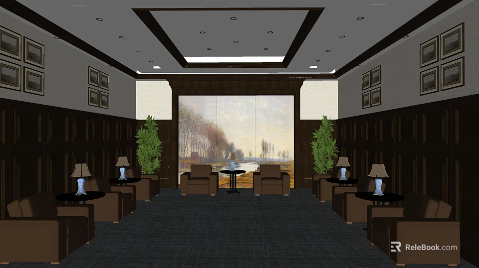 Elegant Hotel Public Lounge Area With Comfortable Sofas Green Plants And Decorative Painting 3d model 