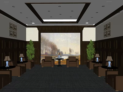 Elegant Hotel Public Lounge Area With Comfortable Sofas Green Plants And Decorative Painting 3d model