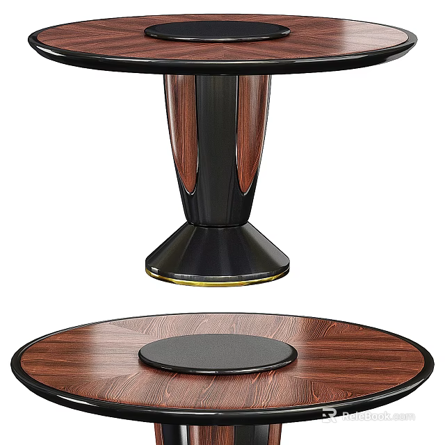 Modern Round Dining Table With Walnut Wooden Top And Black Metal Pedestal Base 3d model 