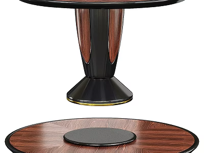 Modern Round Dining Table With Walnut Wooden Top And Black Metal Pedestal Base 3d model