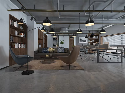 Modern Public Office Space With Bookshelves Sofa Armchairs And Pendant Lights 3d model