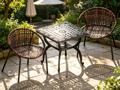 Sunny Outdoor Metal Mesh Table With Woven Rattan Chairs In Garden Patio 3d model
