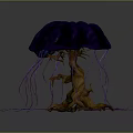 Unique Decorative Plant With Purple Blue Umbrella Shaped Top Root Like Base And Purple Tendrils