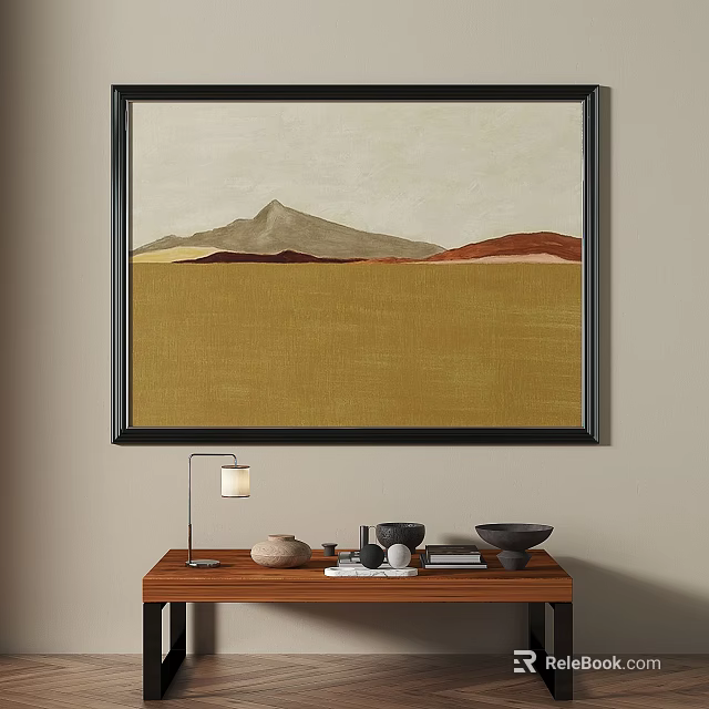 Scenic Landscape Painting with Mountain Yellow Field in Black Frame Hanging on Wall 3d model 