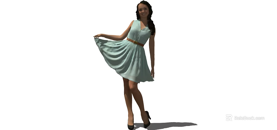 Woman in Light Green Dress With Brown Belt And Black High Heels Posing 3d model 
