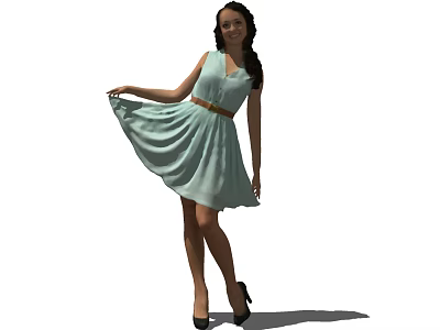 Woman in Light Green Dress With Brown Belt And Black High Heels Posing 3d model