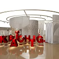 Modern Clothing Store Interior With Curved Display Wall Decorative Masks And Mannequins