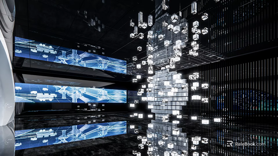 Modern Exhibition Hall Design With Digital Screens Hanging Light Installations And Reflective Floor 3d model 