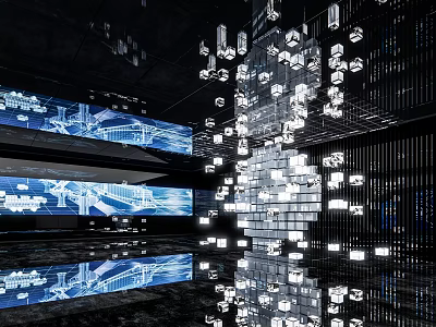 Modern Exhibition Hall Design With Digital Screens Hanging Light Installations And Reflective Floor 3d model