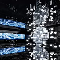 Modern Exhibition Hall Design With Digital Screens Hanging Light Installations And Reflective Floor