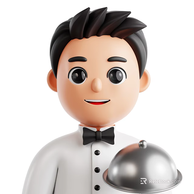 Man in White Shirt and Black Bow Tie Holding Silver Serving Tray 3d model 