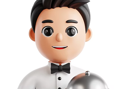Man in White Shirt and Black Bow Tie Holding Silver Serving Tray 3d model