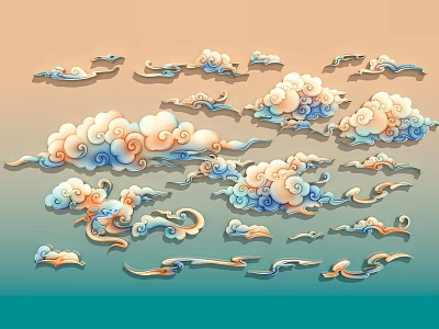 Traditional Colorful Cloud Patterns Decorative Design With Various Classic Elements And Styles 3d model