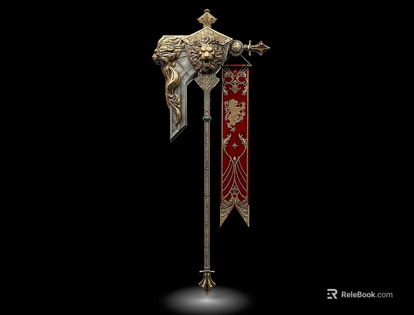 Ornate Medieval Weapon with Golden Metal Carvings Red Banner and Lion Crest Design 3d model 