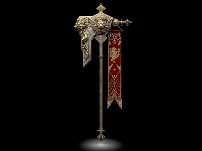 Ornate Medieval Weapon with Golden Metal Carvings Red Banner and Lion Crest Design 3d model