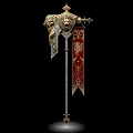 Ornate Medieval Weapon with Golden Metal Carvings Red Banner and Lion Crest Design
