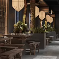 Modern Restaurant Interior Design With Textured Rock Wall Water Fountain And Green Plants