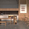 Modern Minimalist Café Interior With Wooden Counter Tables Chairs And Green Plants