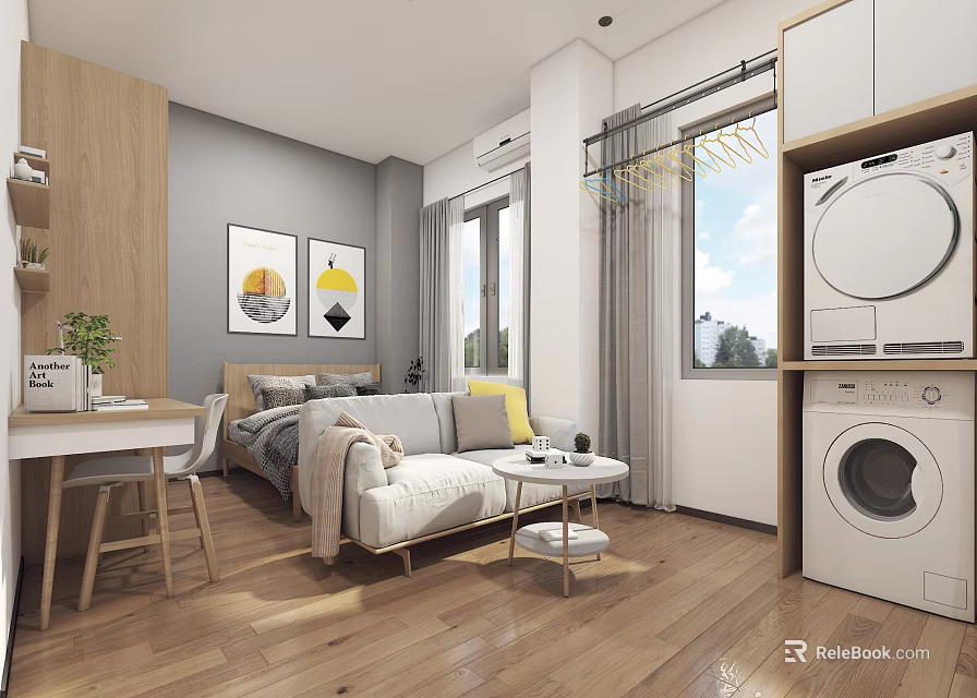 Modern Apartment Interior Featuring Wooden Flooring Sofa Dining Table Washing Machine Windows And Wall Art 3d model 