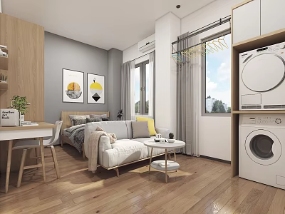 Modern Apartment Interior Featuring Wooden Flooring Sofa Dining Table Washing Machine Windows And Wall Art 3d model