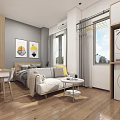Modern Apartment Interior Featuring Wooden Flooring Sofa Dining Table Washing Machine Windows And Wall Art