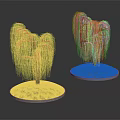 Two Graceful Weeping Willow Plants On Circular Grassy Bases With Green Foliage