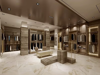 Elegant Clothing Store Interior With Marble Flooring Display Racks And Hanging Garments 3d model