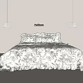 Double Bed With Linen Ruffled Bedding Multiple Pillows And Hanging Pendant Lights 3d model