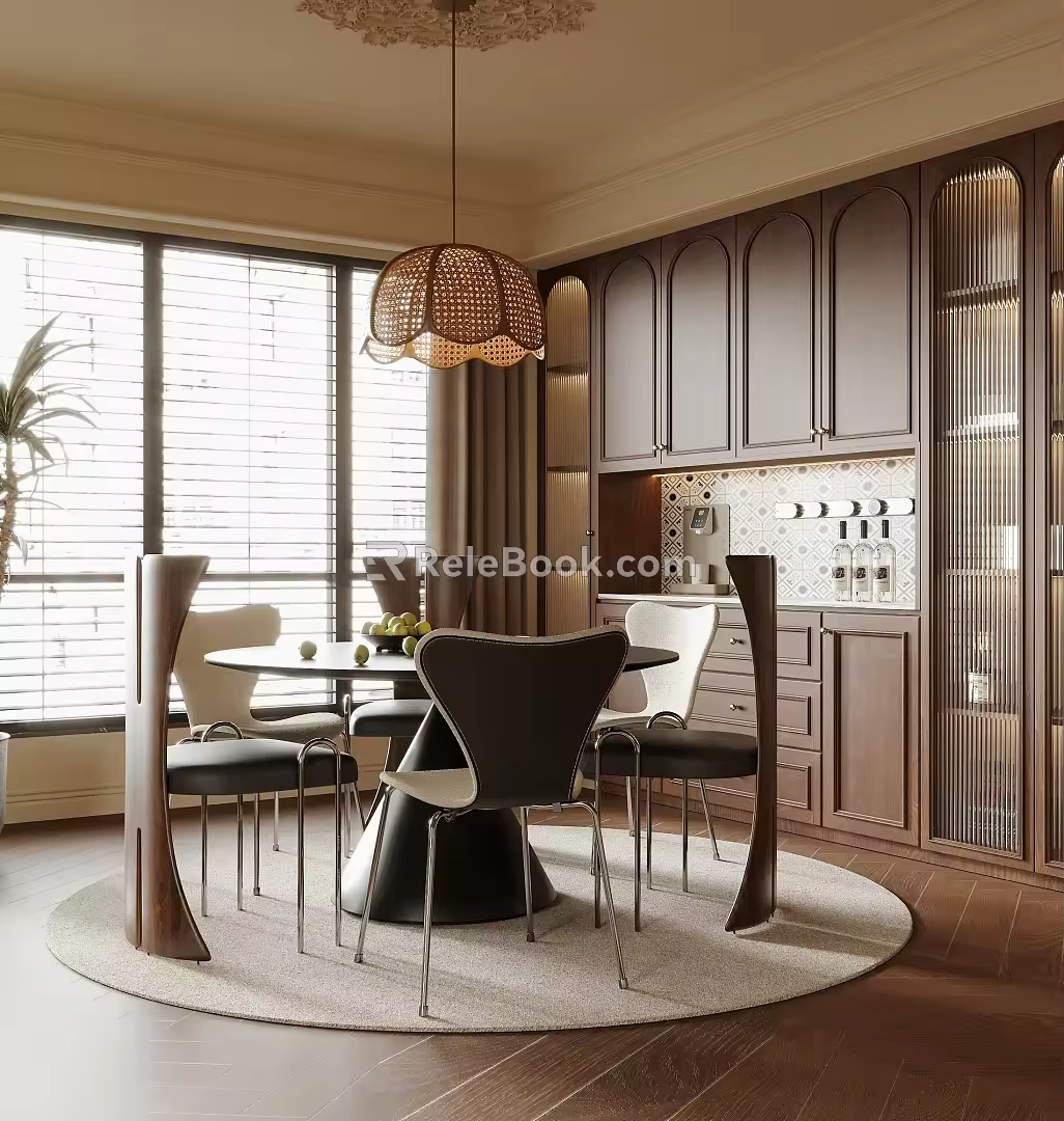 Middle Ancient Style Restaurant Wine Cabinet Sideboard Round Dining Table Dining Chair Chandelier 3d model
