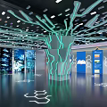 Futuristic Tech Interior With Glowing Green Line Structure Ceiling Circuit Patterns And Geometric Floor 3d model