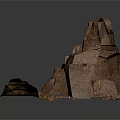 Cartoon Scene with Old Broken Stone Door Rocky Surroundings and Wooden Structure on Sandy Ground