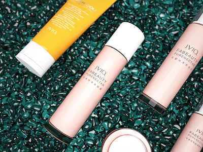 Luxury Perfume Cosmetics Bottles With Pink Yellow Design On Green Gravel Background 3d model