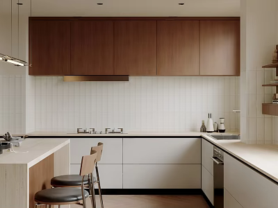 Modern Minimalist Kitchen Interior With Brown Cabinets White Tile Backsplash Island Counter And Appliances 3d model