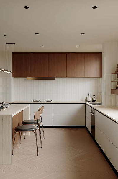 Modern Minimalist Kitchen Interior With Brown Cabinets White Tile Backsplash Island Counter And Appliances 3d model
