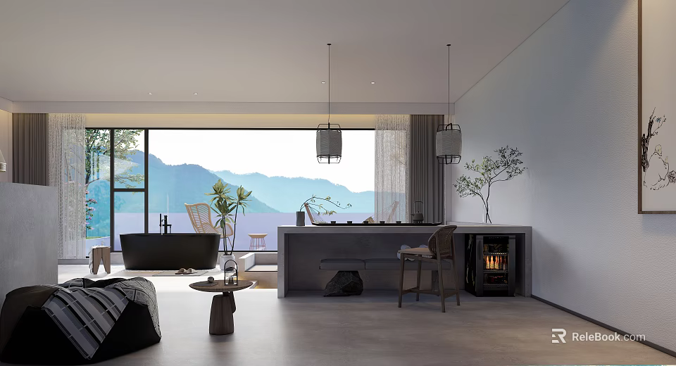 Modern Hotel Room Interior With Mountain View Bathtub Fireplace And Seating Area 3d model 