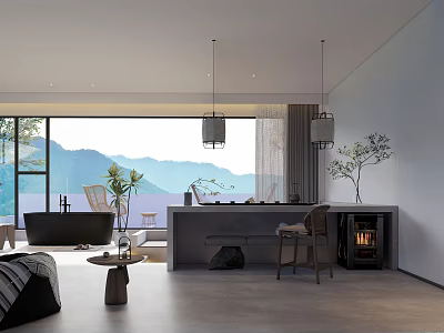 Modern Hotel Room Interior With Mountain View Bathtub Fireplace And Seating Area 3d model
