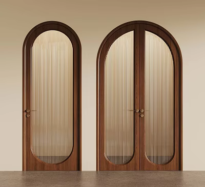 Elegant Arched Wooden Doors With Vertical Striped Glass For Interior Design 3d model
