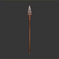 Red Decorative Medieval Fantasy Spear With Detailed Ornate Spearhead And Wooden Shaft Design
