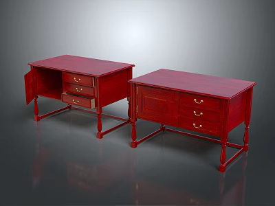 Elegant Red Wooden Desks With Drawers Cabinet And Golden Handles Classic Design 3d model