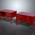Elegant Red Wooden Desks With Drawers Cabinet And Golden Handles Classic Design