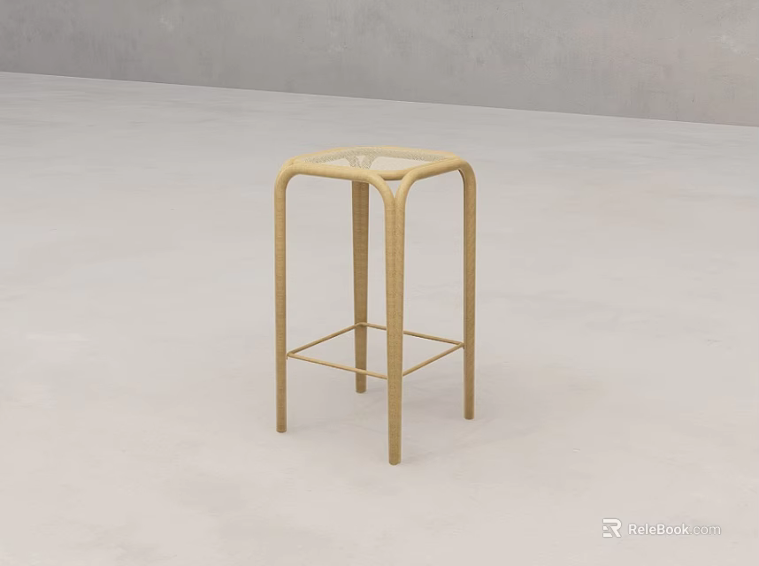 Minimalist Rattan High Stool With Wooden Frame And Round Woven Seat Design 3d model 