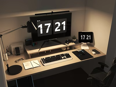Modern Computer Desk Setup With Monitor Keyboard Mouse Desk Lamp And Digital Clock 3d model