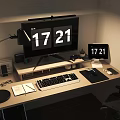 Modern Computer Desk Setup With Monitor Keyboard Mouse Desk Lamp And Digital Clock