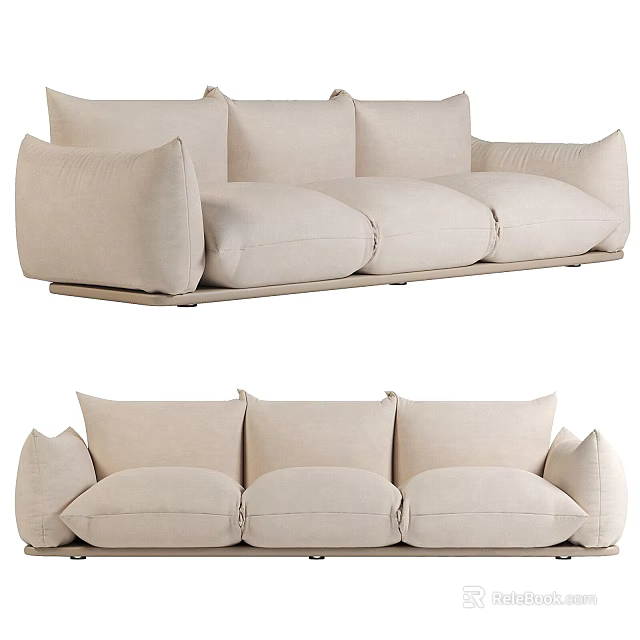Comfortable Linen Three Seater Sofa In Beige With Plush Cushions And Modern Design 3d model 