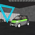 Green And Gray Compact Two Seater Car With Transparent Roof And White Triangle Neon Light