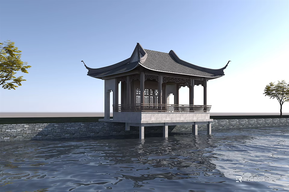 Ancient Chinese Pavilion Architecture Built Over Water With Curved Eaves Stone Railings And Wooden Columns 3d model 