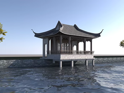 Ancient Chinese Pavilion Architecture Built Over Water With Curved Eaves Stone Railings And Wooden Columns 3d model