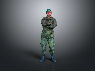 Military Soldier In Camouflage Uniform With Green Cap Standing Arms Crossed On Gray Background 3d model