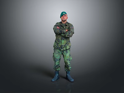 Military Soldier In Camouflage Uniform With Green Cap Standing Arms Crossed On Gray Background 3d model